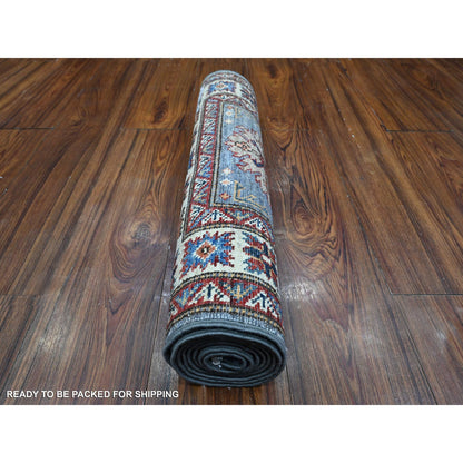 Kazak Wool Hand Knotted Rug Grey Ivory 2.0X6.5 -O089306