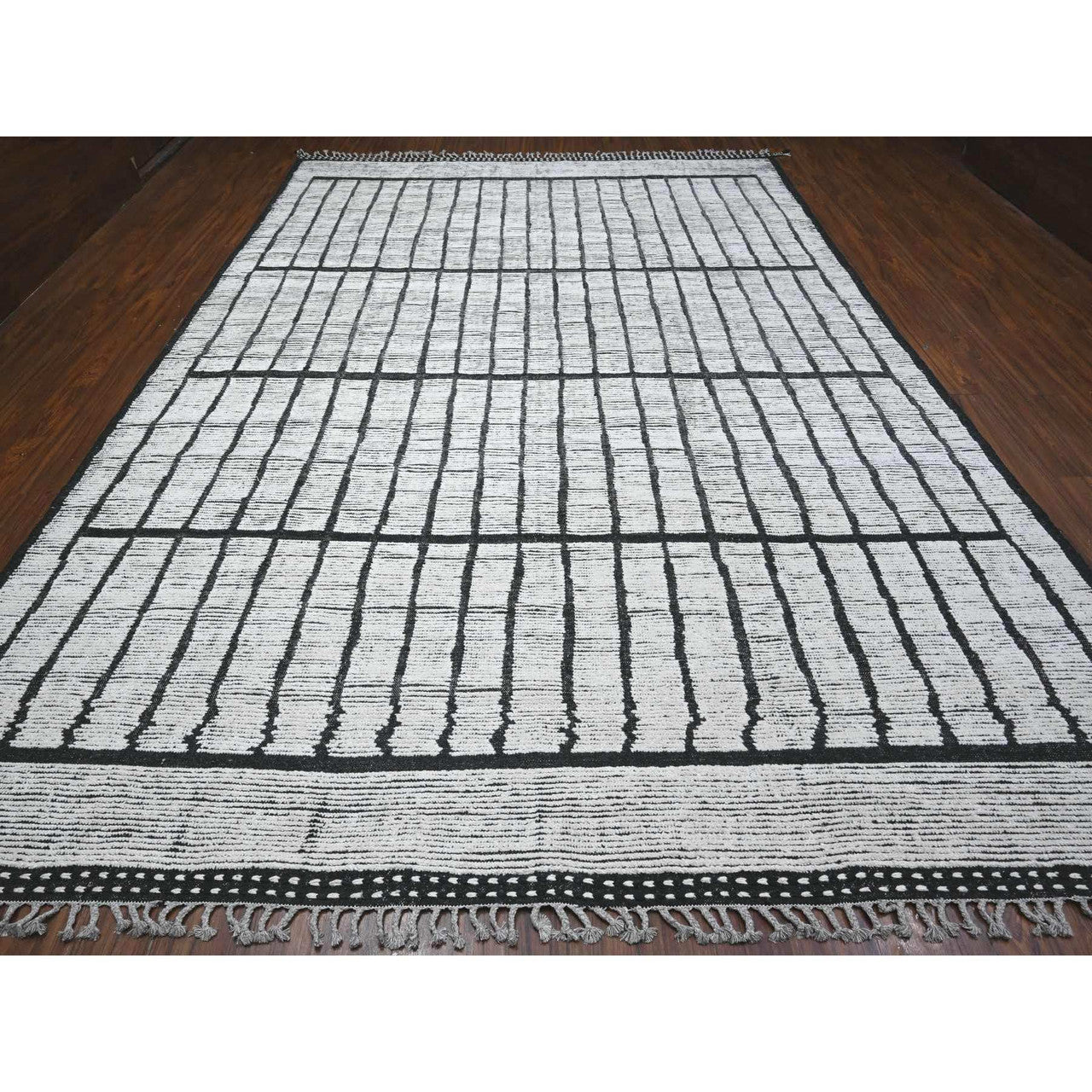 Tribal & Geometric Wool Hand Knotted Rug Ivory Black 9.11X14.0 -O089315