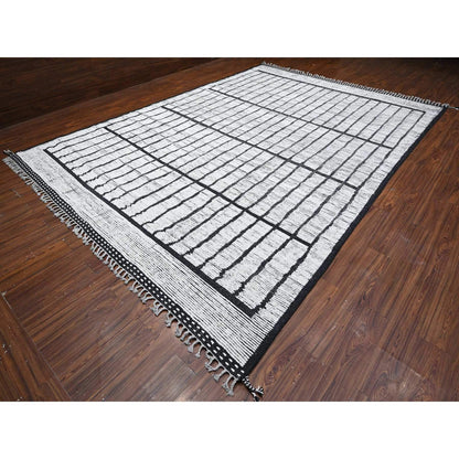 Tribal & Geometric Wool Hand Knotted Rug Ivory Black 9.11X14.0 -O089315