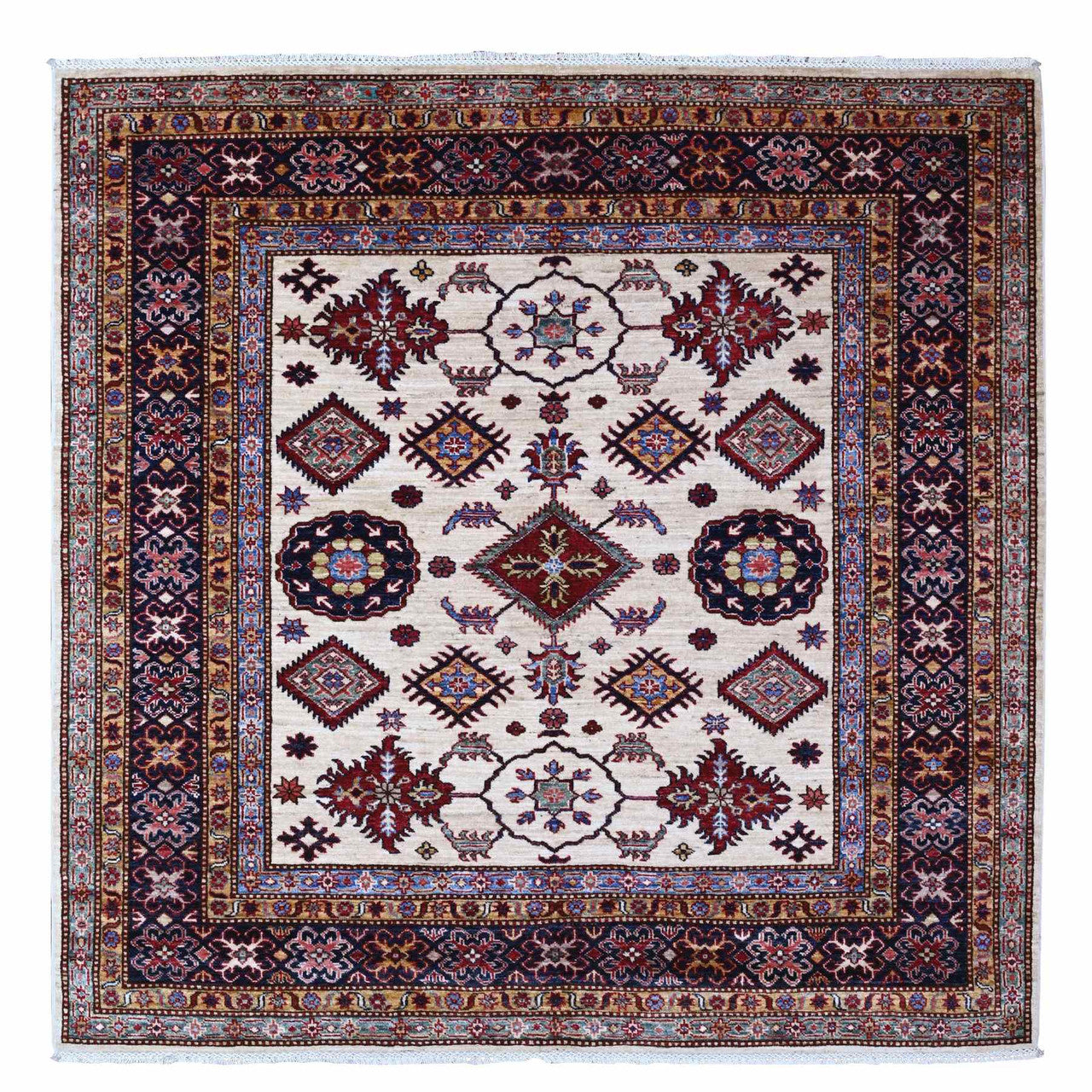 Ivory 5'10" x 6'0" Kazak Hand knotted Wool Rug - Sku: O089328