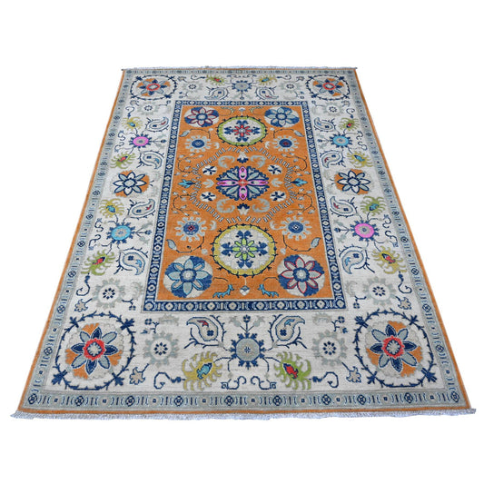 Kazak Wool Hand Knotted Rug Orange Ivory 4.10X6.8 -O089336