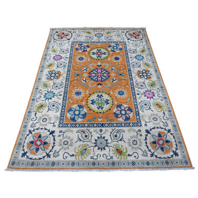 Kazak Wool Hand Knotted Rug Orange Ivory 4.10X6.8 -O089336