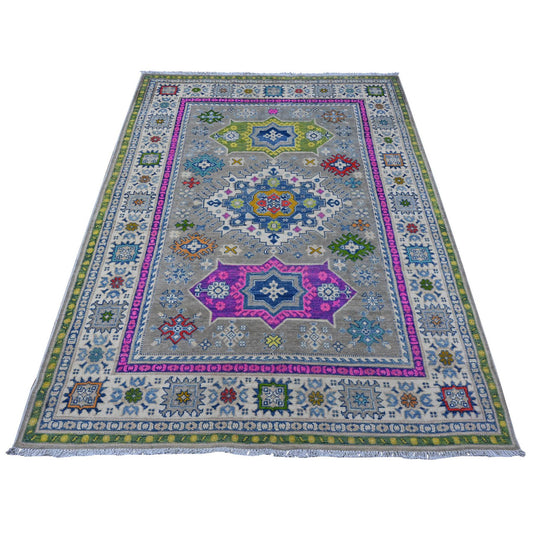 Kazak Wool Hand Knotted Rug Grey Ivory 5.0X6.8 -O089342