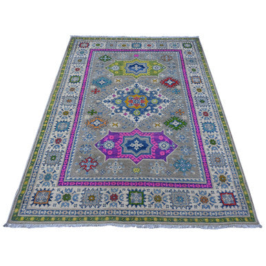 Kazak Wool Hand Knotted Rug Grey Ivory 5.0X6.8 -O089342
