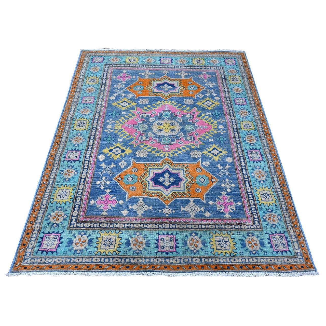 Blue 5'1" x 6'4" Kazak Hand knotted Wool Rug - Sku: O089347