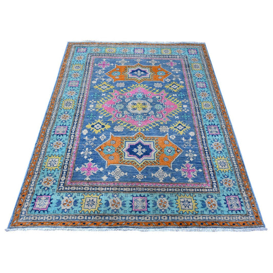 Kazak Wool Hand Knotted Rug Blue Teal Green 5.1X6.4 -O089347