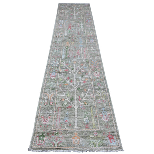 Oushak And Peshawar Wool Hand Knotted Rug Green Green 2.7X11.10 -O089350