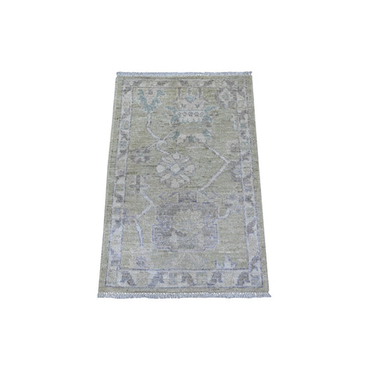 Oushak And Peshawar Wool Hand Knotted Rug Green Silver Gray 1.11X3.0 -O089363