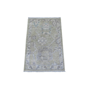 Oushak And Peshawar Wool Hand Knotted Rug Green Silver Gray 1.11X3.0 -O089363