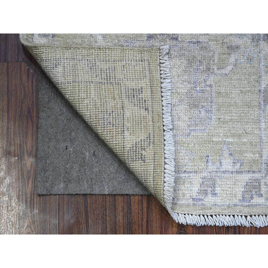 Oushak And Peshawar Wool Hand Knotted Rug Green Silver Gray 1.11X3.0 -O089363