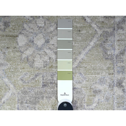 Oushak And Peshawar Wool Hand Knotted Rug Green Silver Gray 1.11X3.0 -O089363
