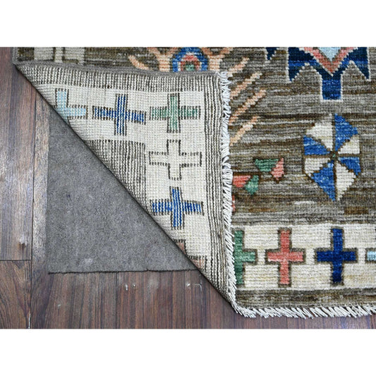 Oushak And Peshawar Wool Hand Knotted Rug Grey Silver 3.8X11.4 -O089375