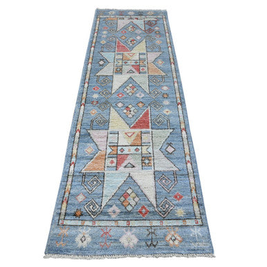 Oushak And Peshawar Wool Hand Knotted Rug Blue Ivory 2.8X8.3 -O089376