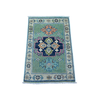 Kazak Wool Hand Knotted Rug Green Silver Gray 1.10X2.10 -O089387