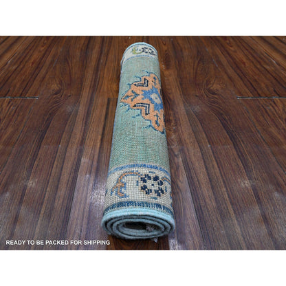 Kazak Wool Hand Knotted Rug Green Silver Gray 1.10X2.10 -O089387