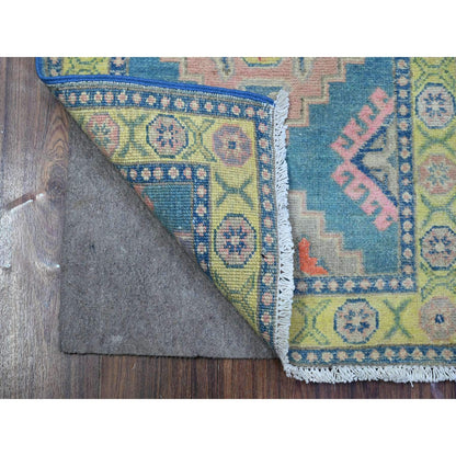 Kazak Wool Hand Knotted Rug Blue Green 1.11X2.8 -O089389