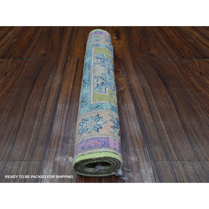 Kazak Wool Hand Knotted Rug Green Pink 1.10X3.0 -O089393