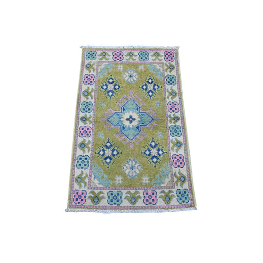 Kazak Wool Hand Knotted Rug Green Ivory 1.11X3.2 -O089395
