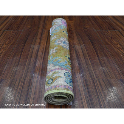 Kazak Wool Hand Knotted Rug Green Ivory 1.11X3.2 -O089395