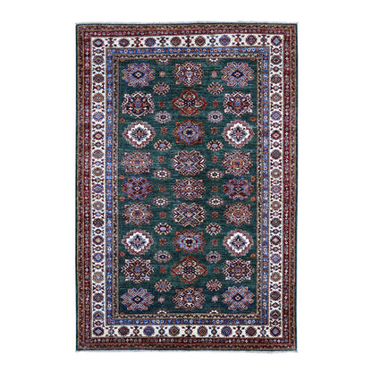 Kazak Wool Hand Knotted Rug Green Ivory 6.0X9.0 -O089429