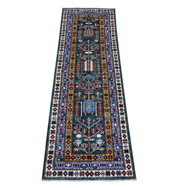 Kazak Wool Hand Knotted Rug Green Blue 1.11X5.9 -O089441