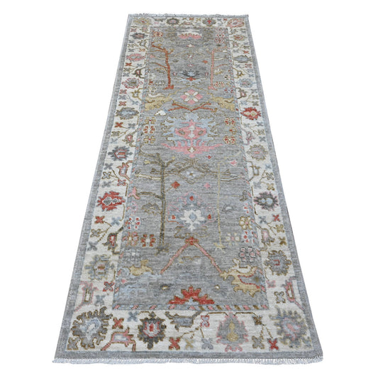 Oushak And Peshawar Wool Hand Knotted Rug Grey Ivory 2.11X8.0 -O089460