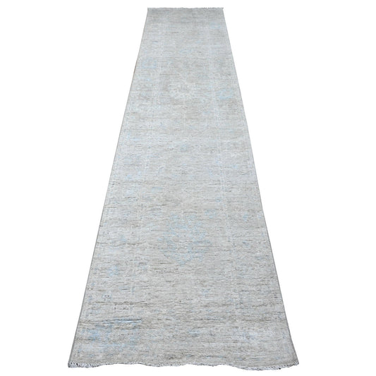 Oushak And Peshawar Wool Hand Knotted Rug Grey Silver Gray 2.8X12.2 -O089463