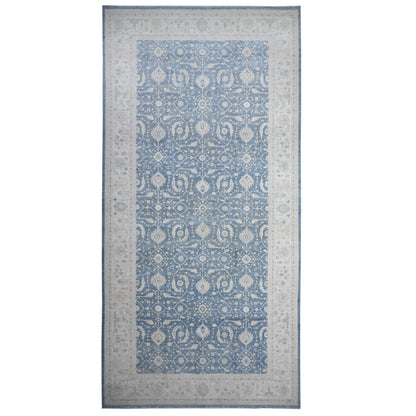 Oushak And Peshawar Wool Hand Knotted Rug Blue Ivory 9.10X20.3 -O089473
