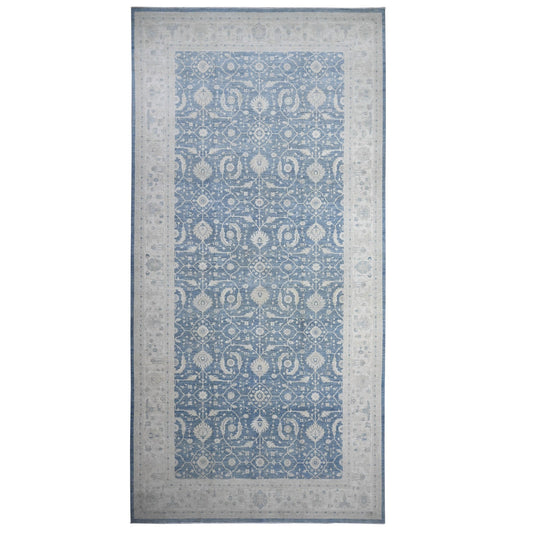 Oushak And Peshawar Wool Hand Knotted Rug Blue Ivory 9.10X20.3 -O089473