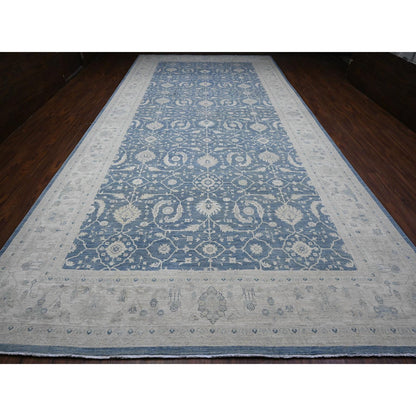 Oushak And Peshawar Wool Hand Knotted Rug Blue Ivory 9.10X20.3 -O089473