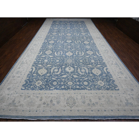 Oushak And Peshawar Wool Hand Knotted Rug Blue Ivory 9.10X20.3 -O089473