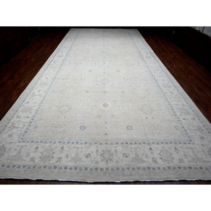 Oushak And Peshawar Wool Hand Knotted Rug Grey Ivory 10.0X20.8 -O089474