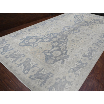 White Wash Vintage & Silver Wash Wool Hand Knotted Rug Ivory Blue 18.6X24.2 -O089478
