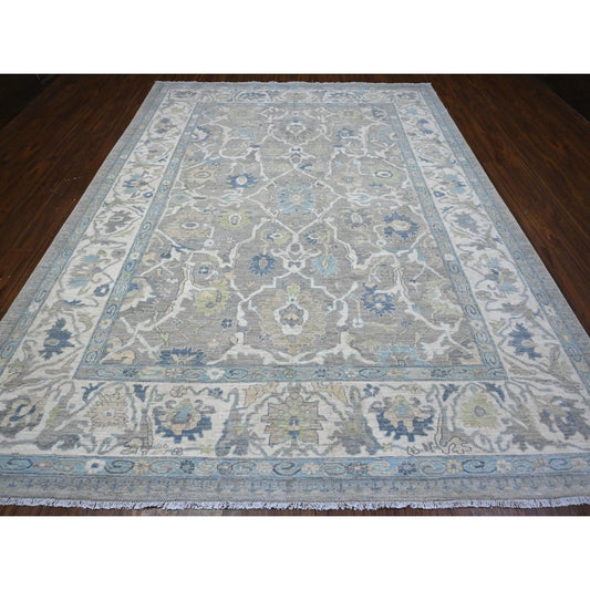 Oushak And Peshawar Wool Hand Knotted Rug Grey Ivory 9.1X11.10 -O089487
