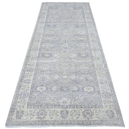 Oushak And Peshawar Wool Hand Knotted Rug Grey Ivory 3.11X9.9 -O089496