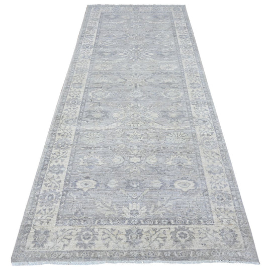 Oushak And Peshawar Wool Hand Knotted Rug Grey Ivory 3.11X9.9 -O089496