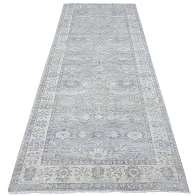 Oushak And Peshawar Wool Hand Knotted Rug Grey Ivory 3.11X9.9 -O089496