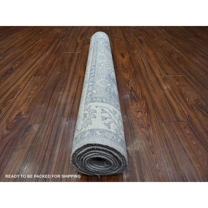 Oushak And Peshawar Wool Hand Knotted Rug Grey Ivory 3.11X9.9 -O089496