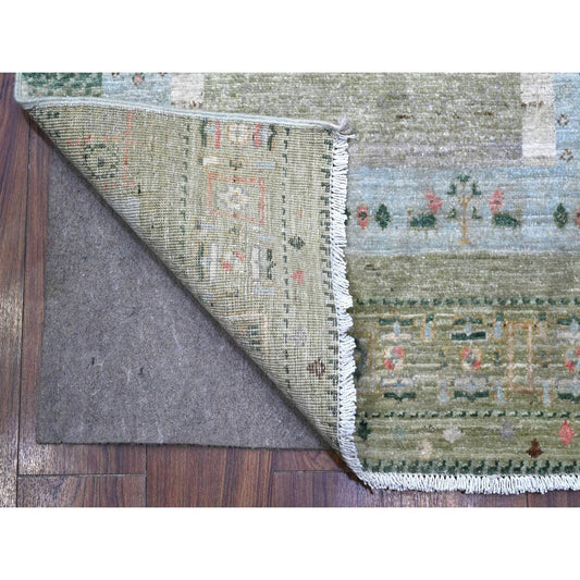 Tribal & Geometric Wool Hand Knotted Rug Green Blue 2.10X18.6 -O089500