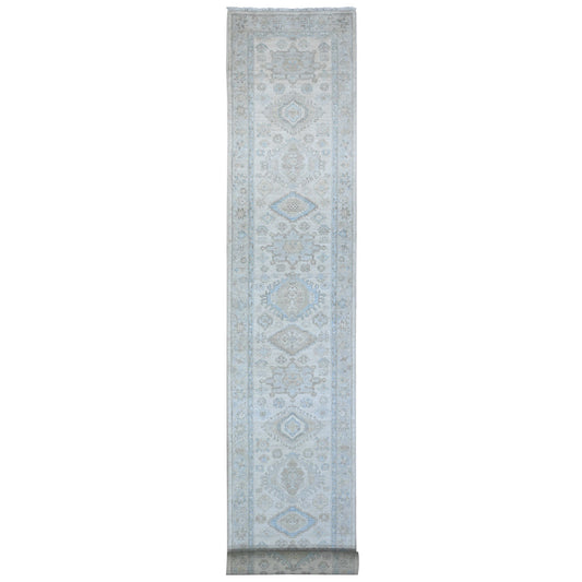 Oushak And Peshawar Wool Hand Knotted Rug Ivory Silver 2.8X19.7 -O089505