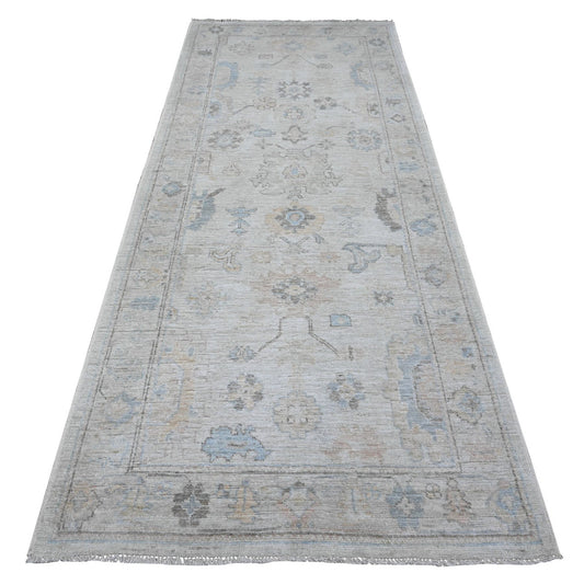Oushak And Peshawar Wool Hand Knotted Rug Grey Silver Gray 4.0X9.11 -O089508