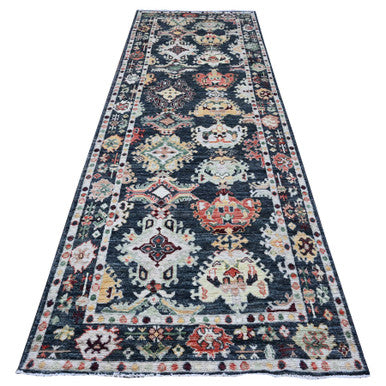 Oushak And Peshawar Wool Hand Knotted Rug Black Black 4.0X11.7 -O089509