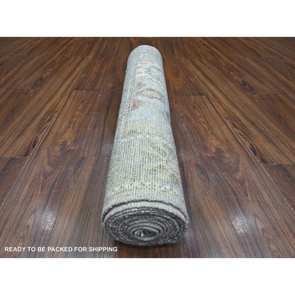 Oushak And Peshawar Wool Hand Knotted Rug Grey Green 2.9X12.6 -O089536