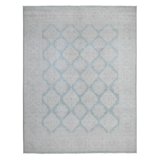 Oushak And Peshawar Wool Hand Knotted Rug Green Ivory 8.0X10.4 -O089541