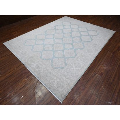 Oushak And Peshawar Wool Hand Knotted Rug Green Ivory 8.0X10.4 -O089541