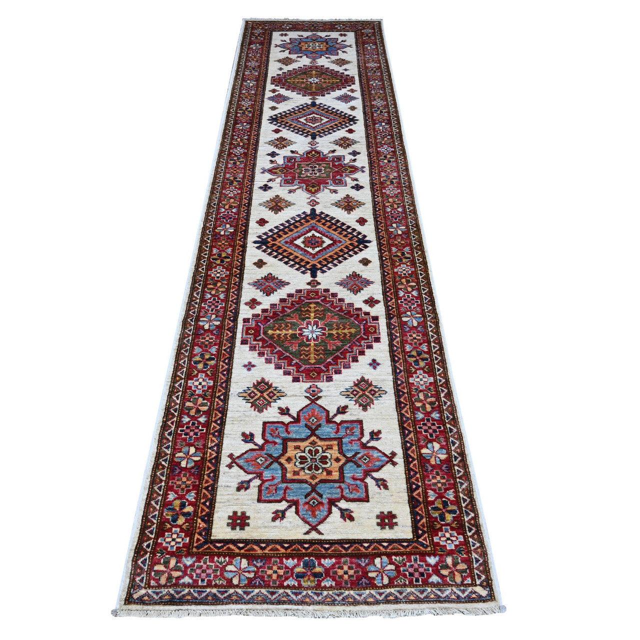 Ivory 2'7" x 10'7" Kazak Hand knotted Wool Rug - Sku: O089561