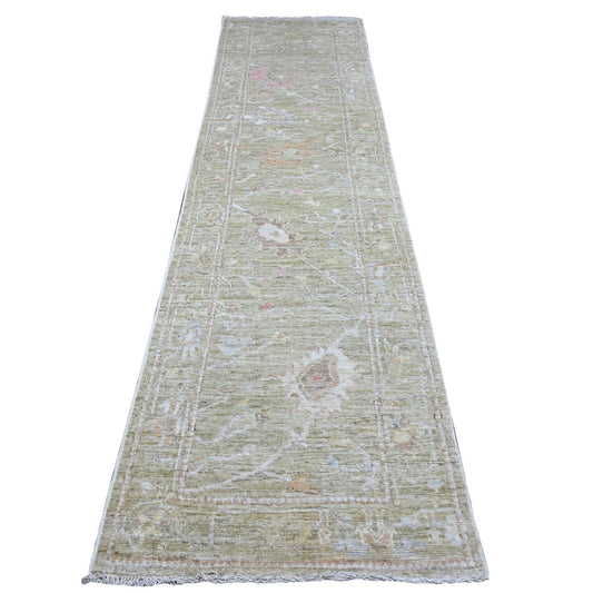 Oushak And Peshawar Wool Hand Knotted Rug Green Green 2.9X11.5 -O089597