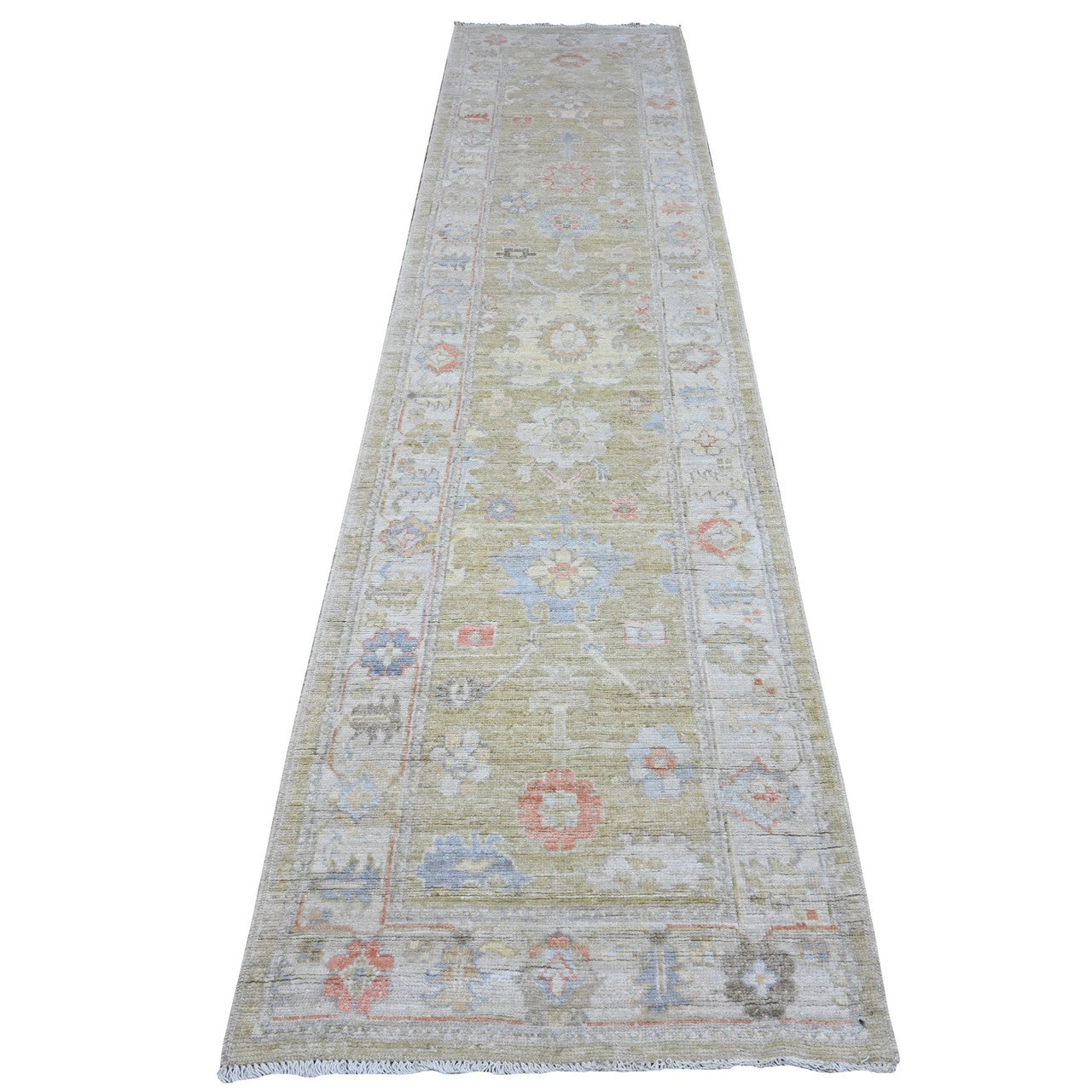 Oushak And Peshawar Wool Hand Knotted Rug Green Gray 2.8X11.6 -O089600
