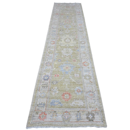 Oushak And Peshawar Wool Hand Knotted Rug Green Gray 2.8X11.6 -O089600