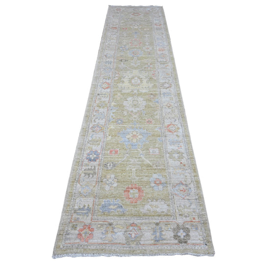 Oushak And Peshawar Wool Hand Knotted Rug Green Gray 2.8X11.6 -O089600